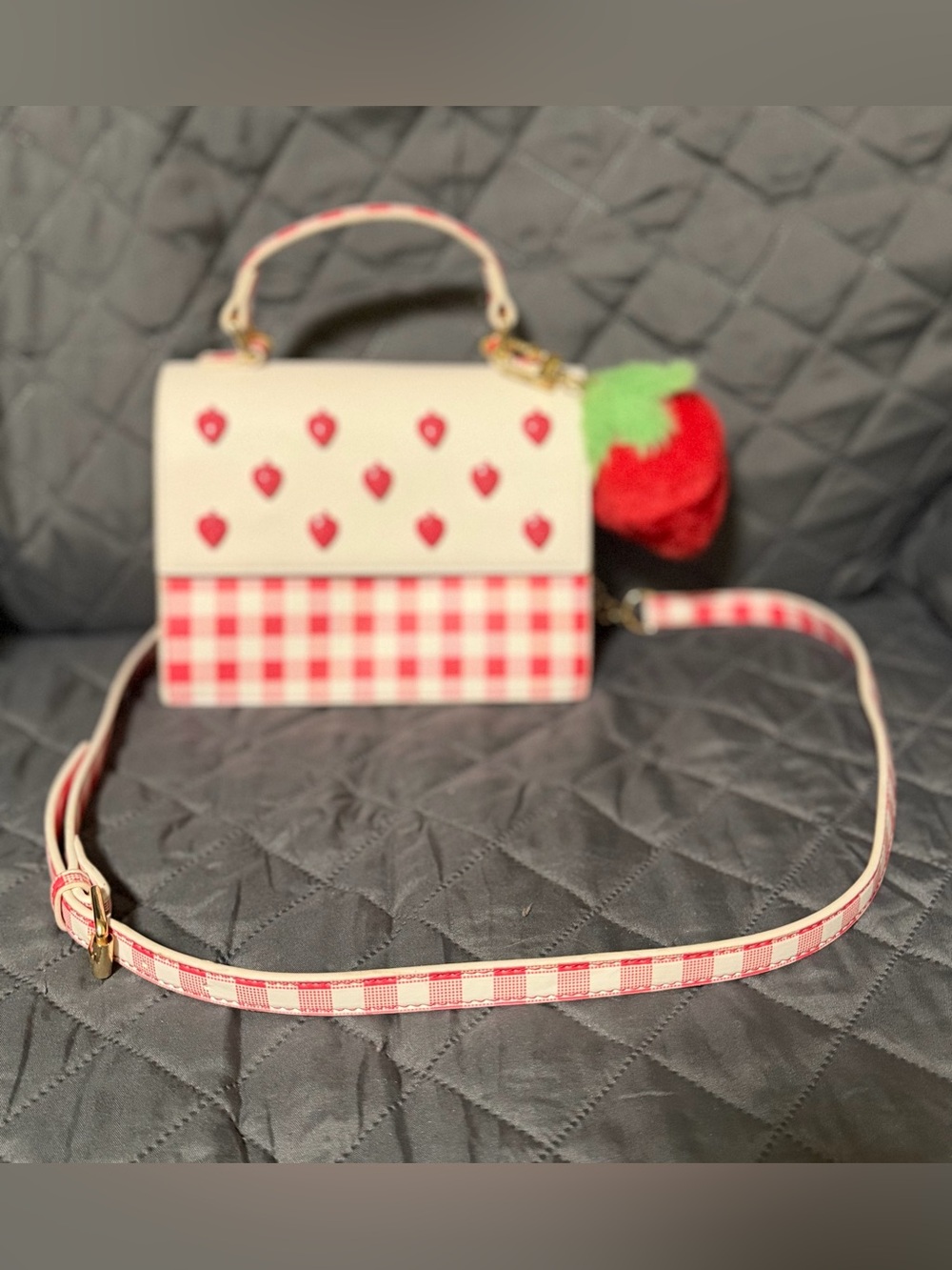 Betsey Johnson Strawberry Gingham Crossbody Bag White Red